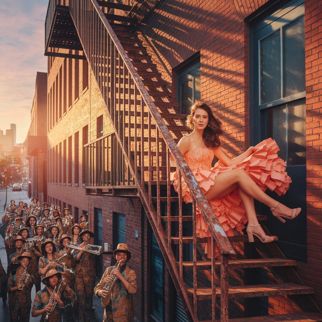 Paper Collage of Woman on Fire Escape