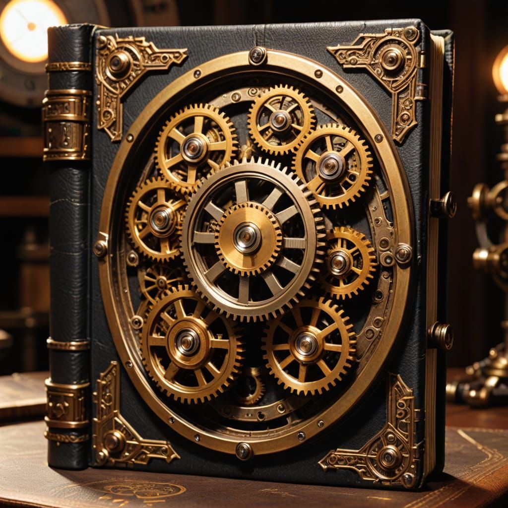 Steampunk Book with Clockwork Gears and Golden Light