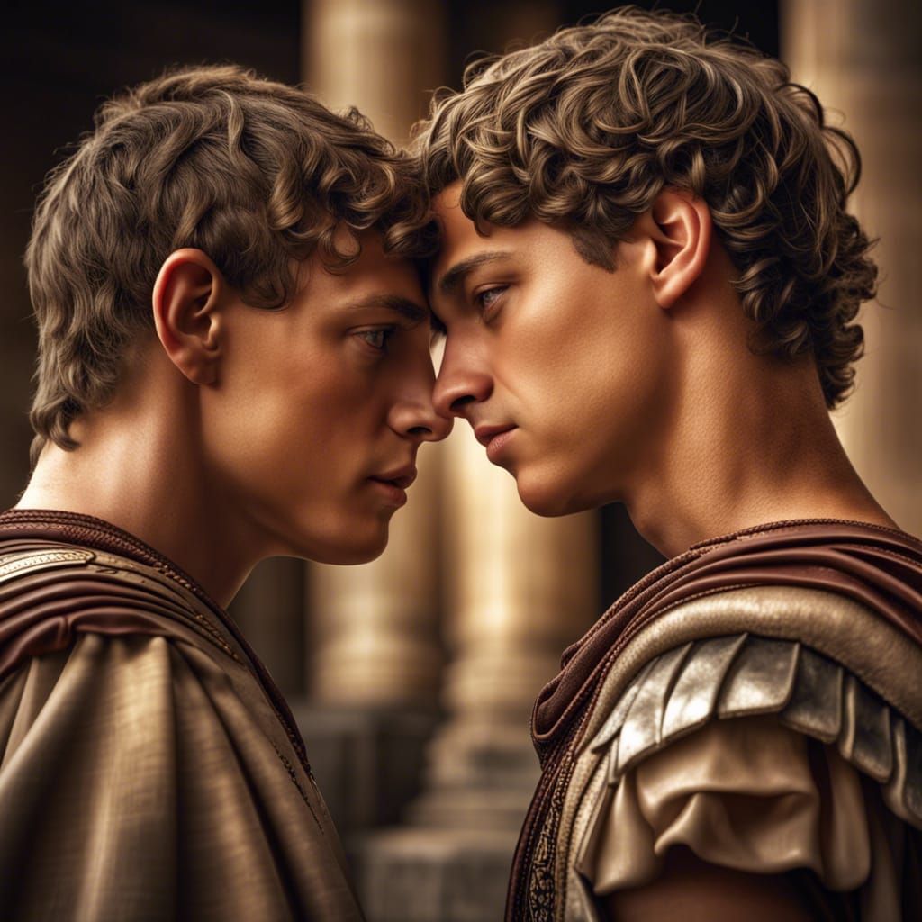 Handsome Roman Teens Embrace in Ancient Rome