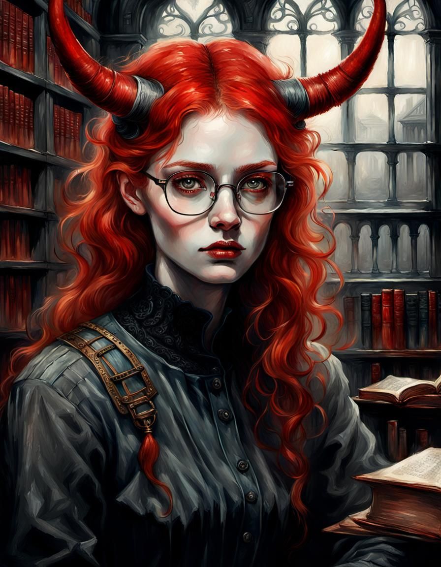 Ginger Woman in Prison Library, Charcoal Painting