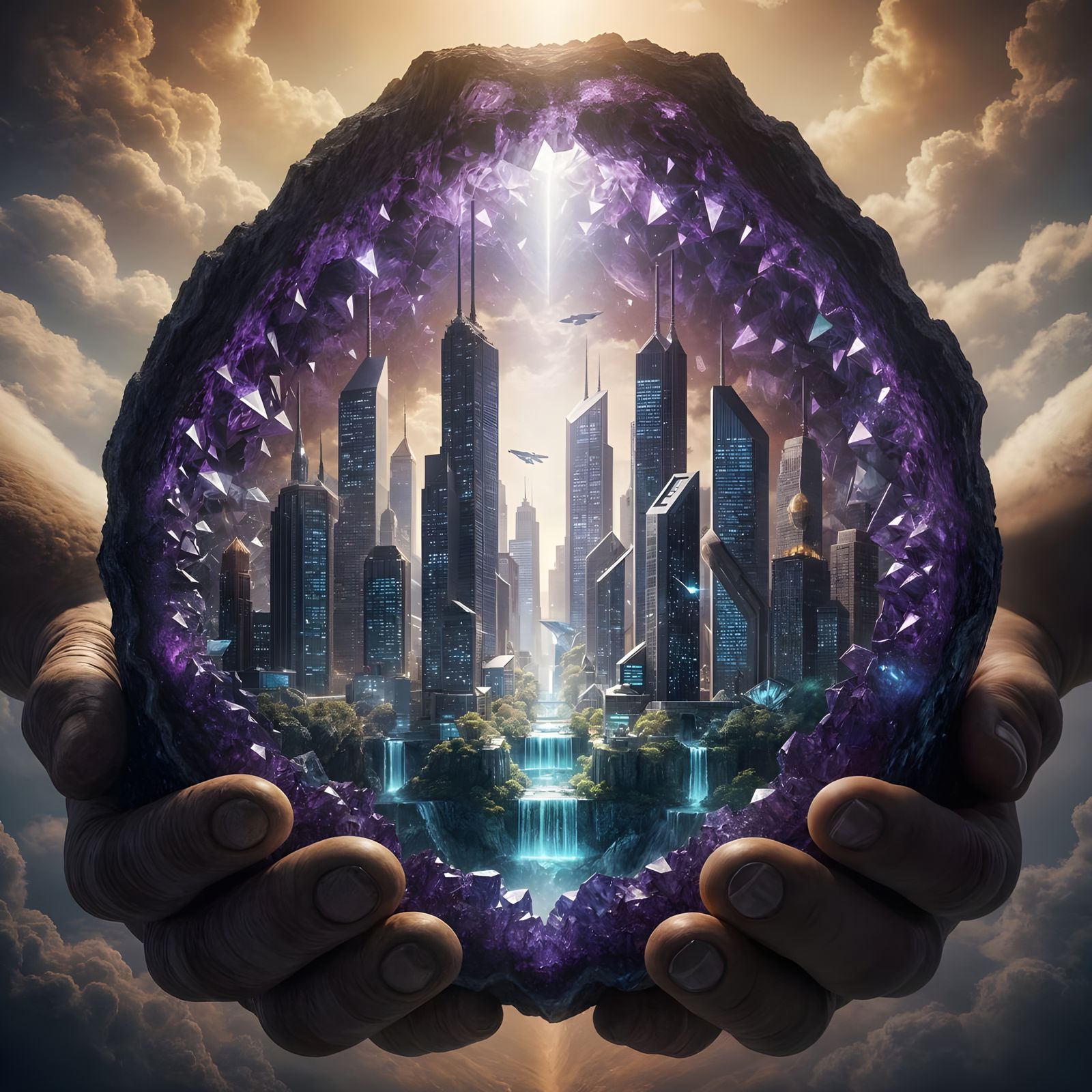 Futuristic Cityscape Inside a Geode Held by God