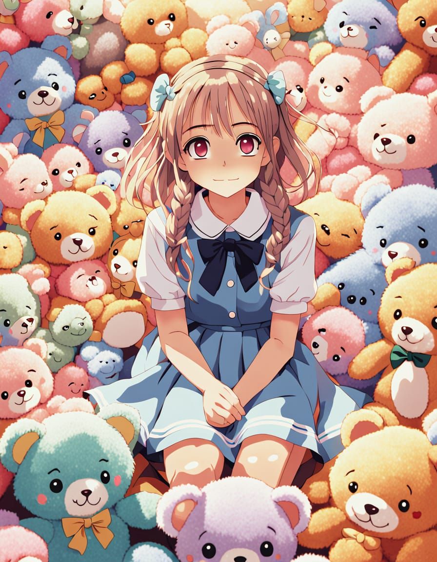 Cute Woman Surrounded by Toys in Moe Anime Style