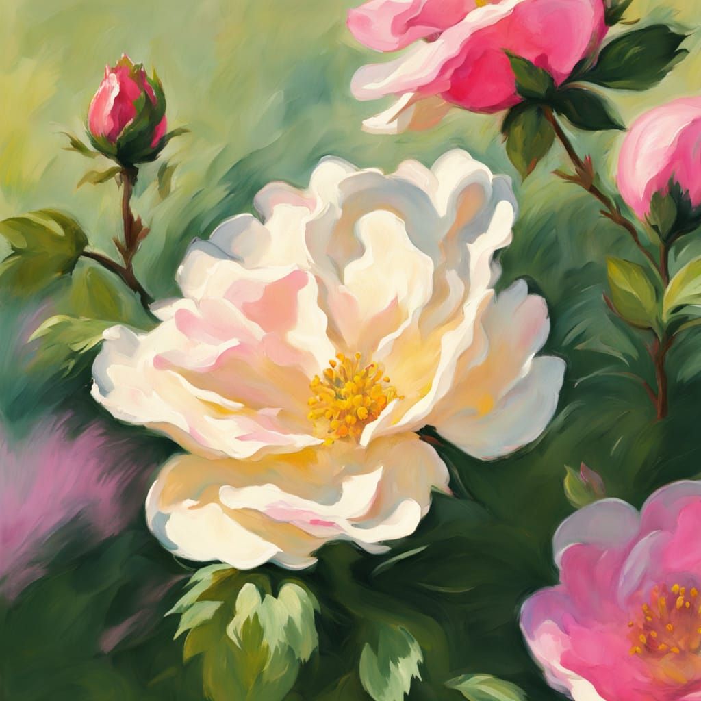 Wild Rose in Meadow: Impressionist Gouache Painting