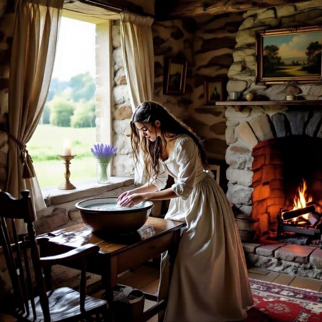 Regency Farm Girl Washes Hair in Rustic Cottage