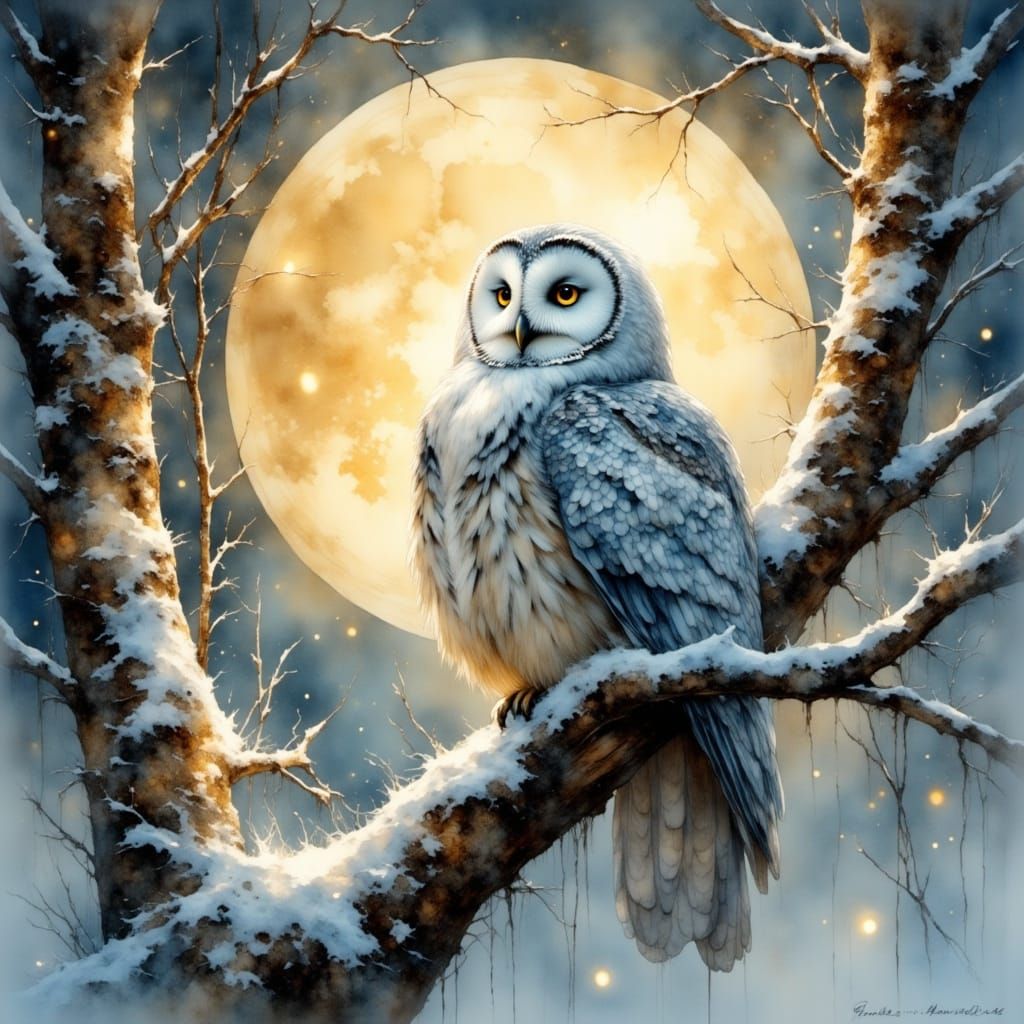 Snowy Owl on Snowy Branch in Watercolor Style
