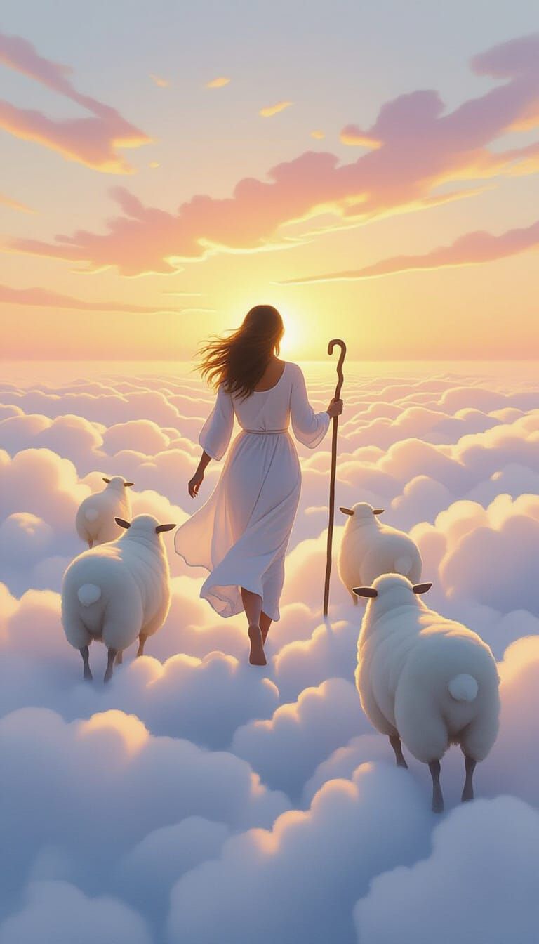 Cloud Shepherdess Guiding Mist Sheep at Sunrise