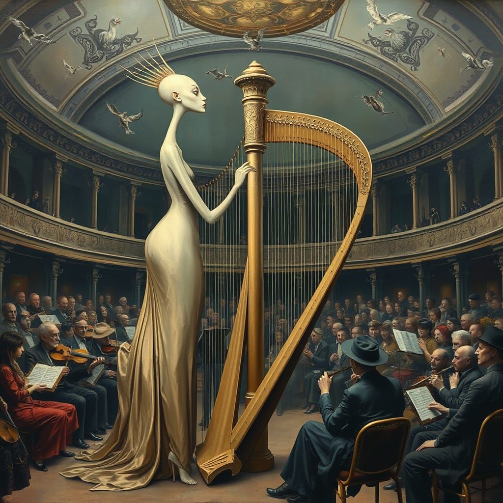 Surreal Harpist and Peculiar Audience in Distorted Hall