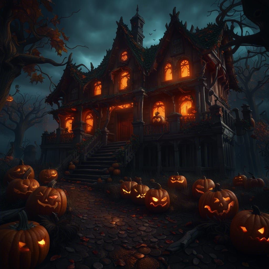 Haunted House with Scary Pumpkins: Fantasy Art