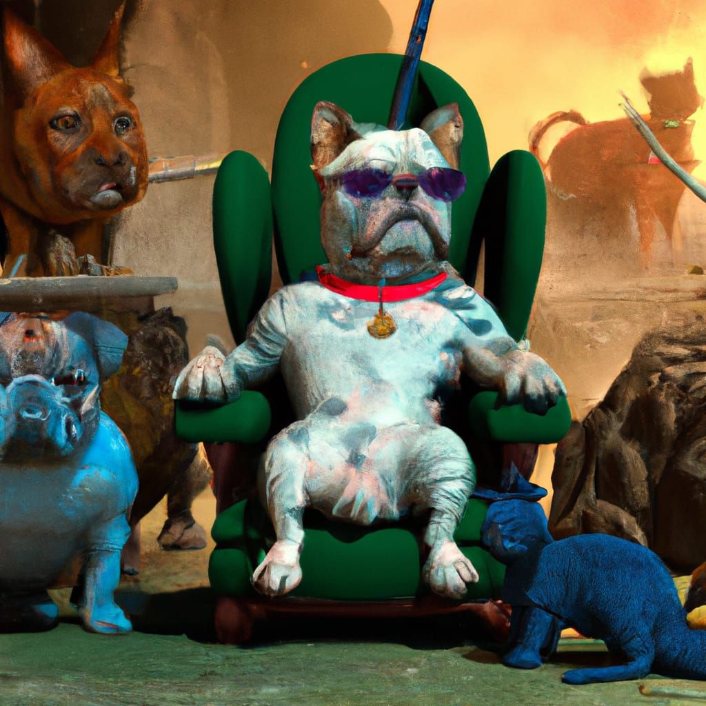 Bulldog President with Cat Bodyguards in Matte Painting