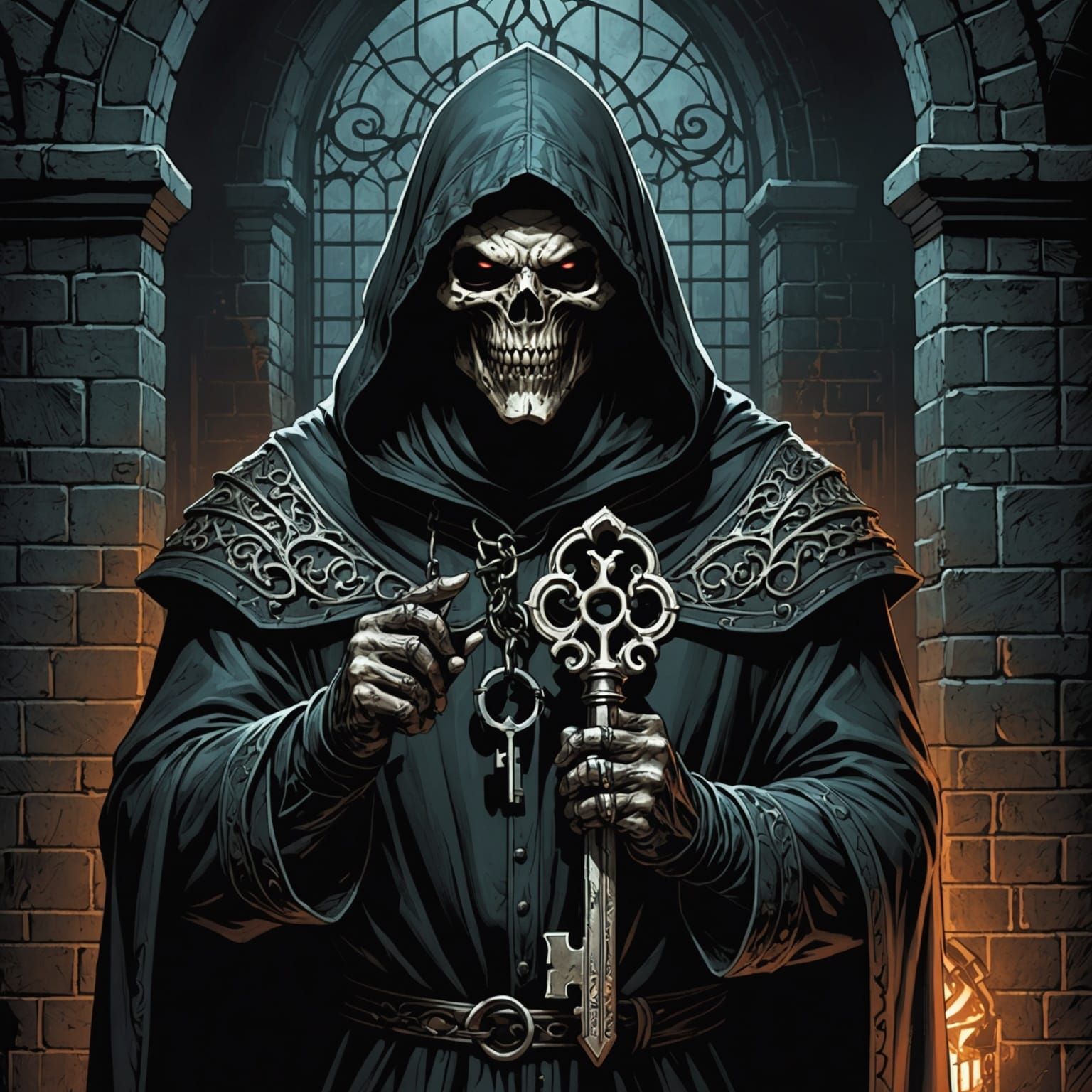 Hooded Demon with Gothic Key in Prison