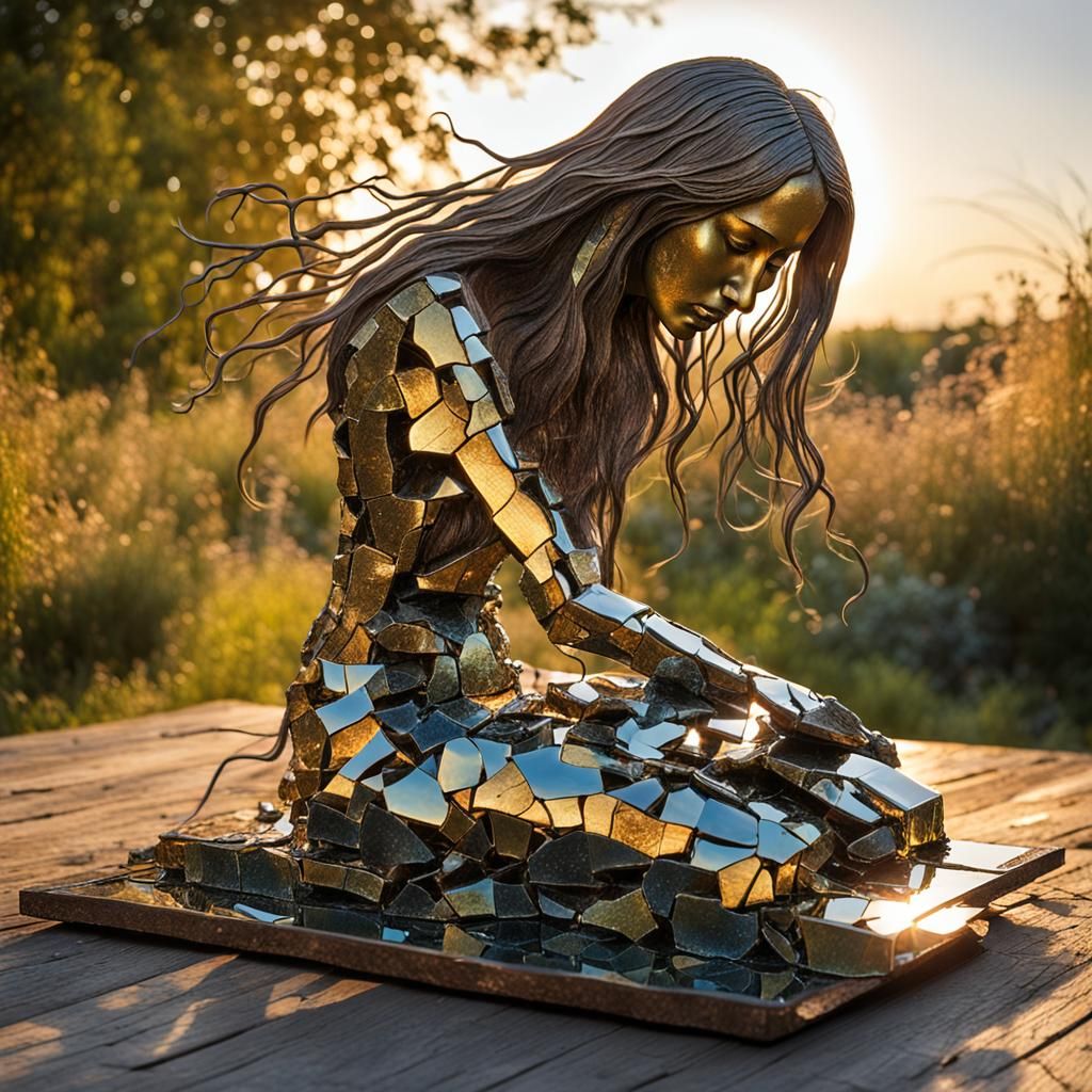 Surreal Art Nouveau Sculpture with Hourglass and Sunset