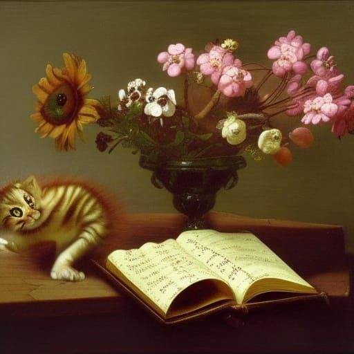 Tabby Kitten Hiding in Books: Renaissance, Dutch, Impression...