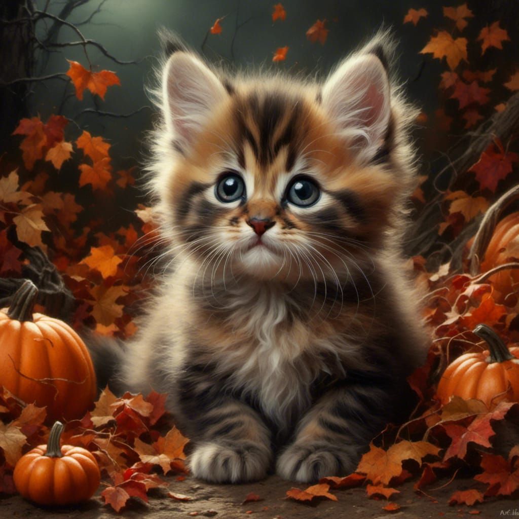 Cute Halloween Kitten in Photorealistic Painting