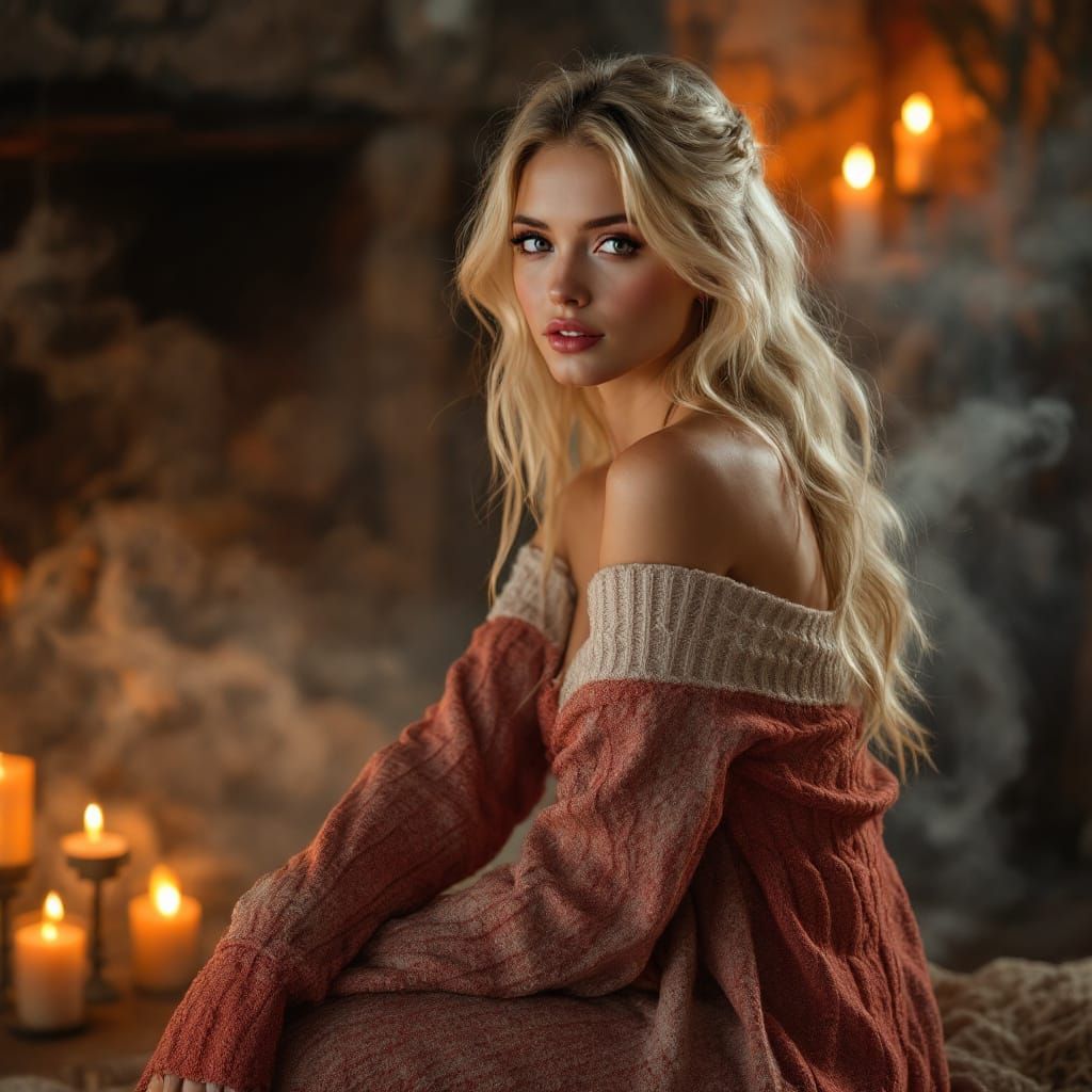 Enchanting Woman by Fireplace in Magical Ambiance