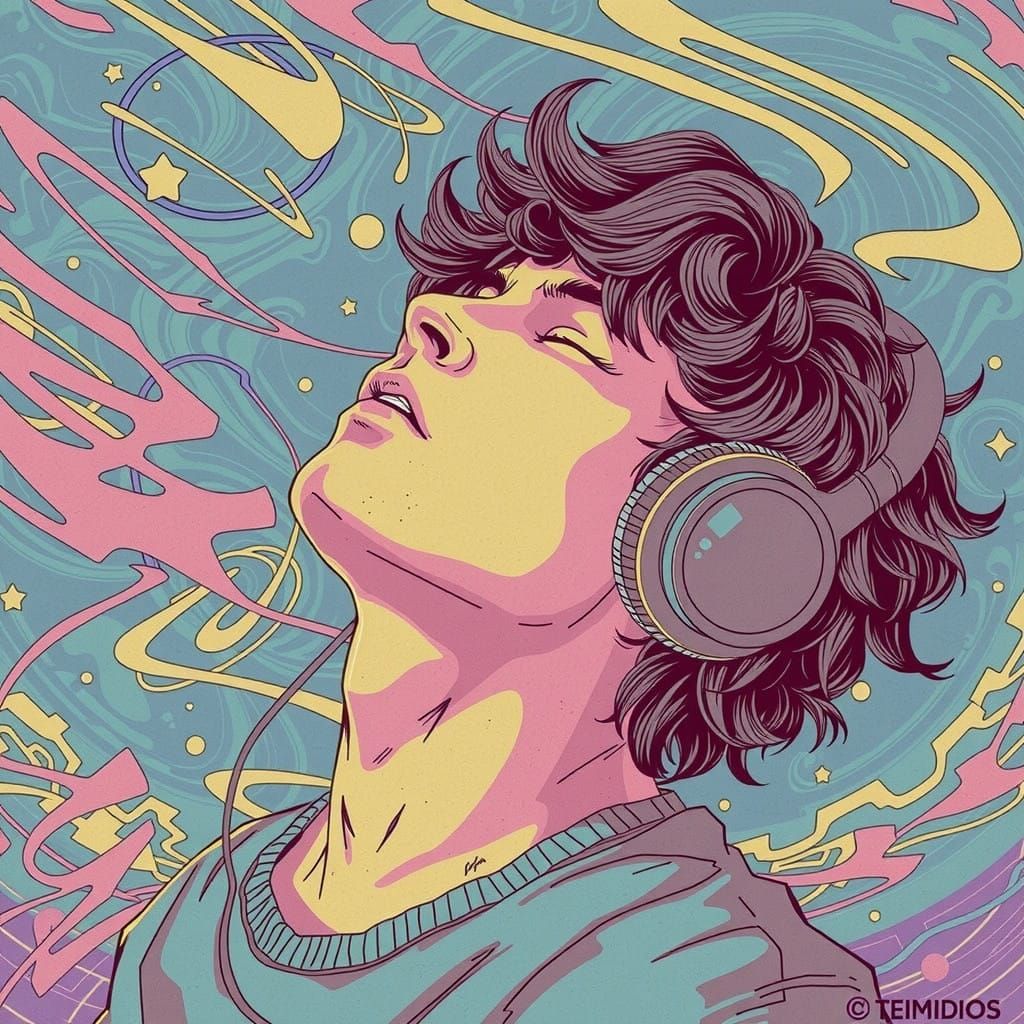 Young Man Lost in Vibrant Music Cosmos