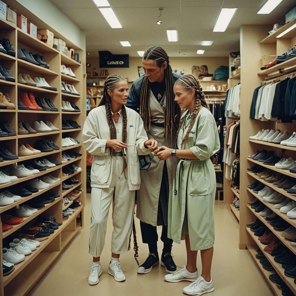 Bo Derek Impersonator Shoe Shopping: Cinematic Film Still