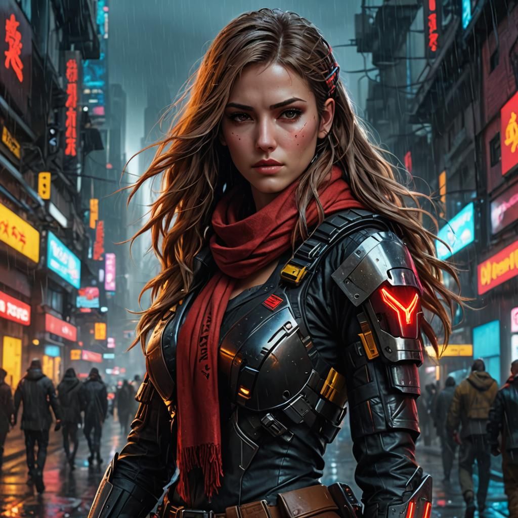 Cyberpunk Sniper in Rainy Cityscape