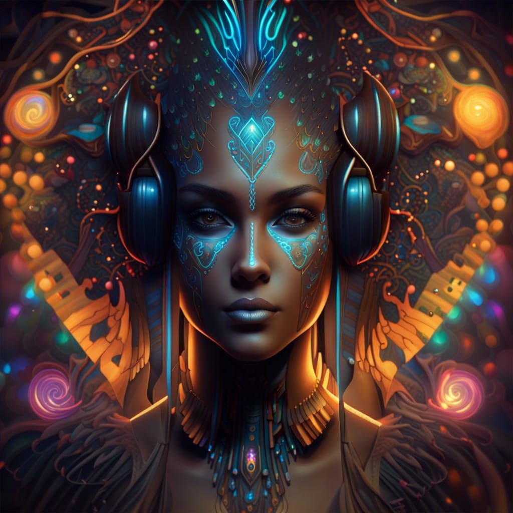 Cyber-Folk Music Enchantress with Fire Auras