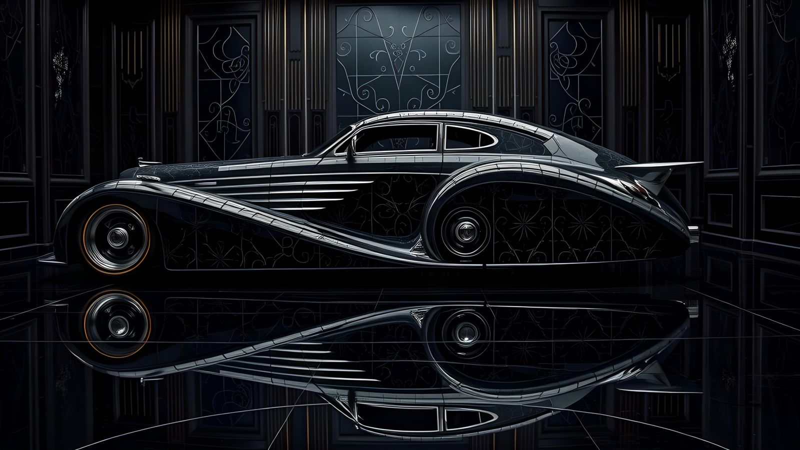 Detailed Black Art Deco Supercar in Mirrored Room