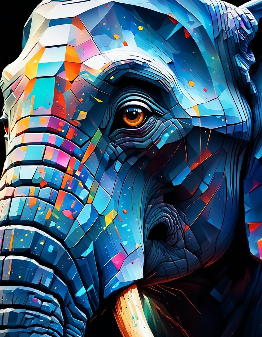 Abstract Elephant Eye in Low-Poly Art Nouveau Style
