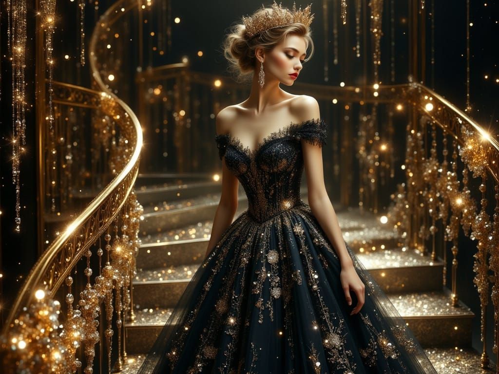 Princess on Bronze Staircase with Golden Sparkles