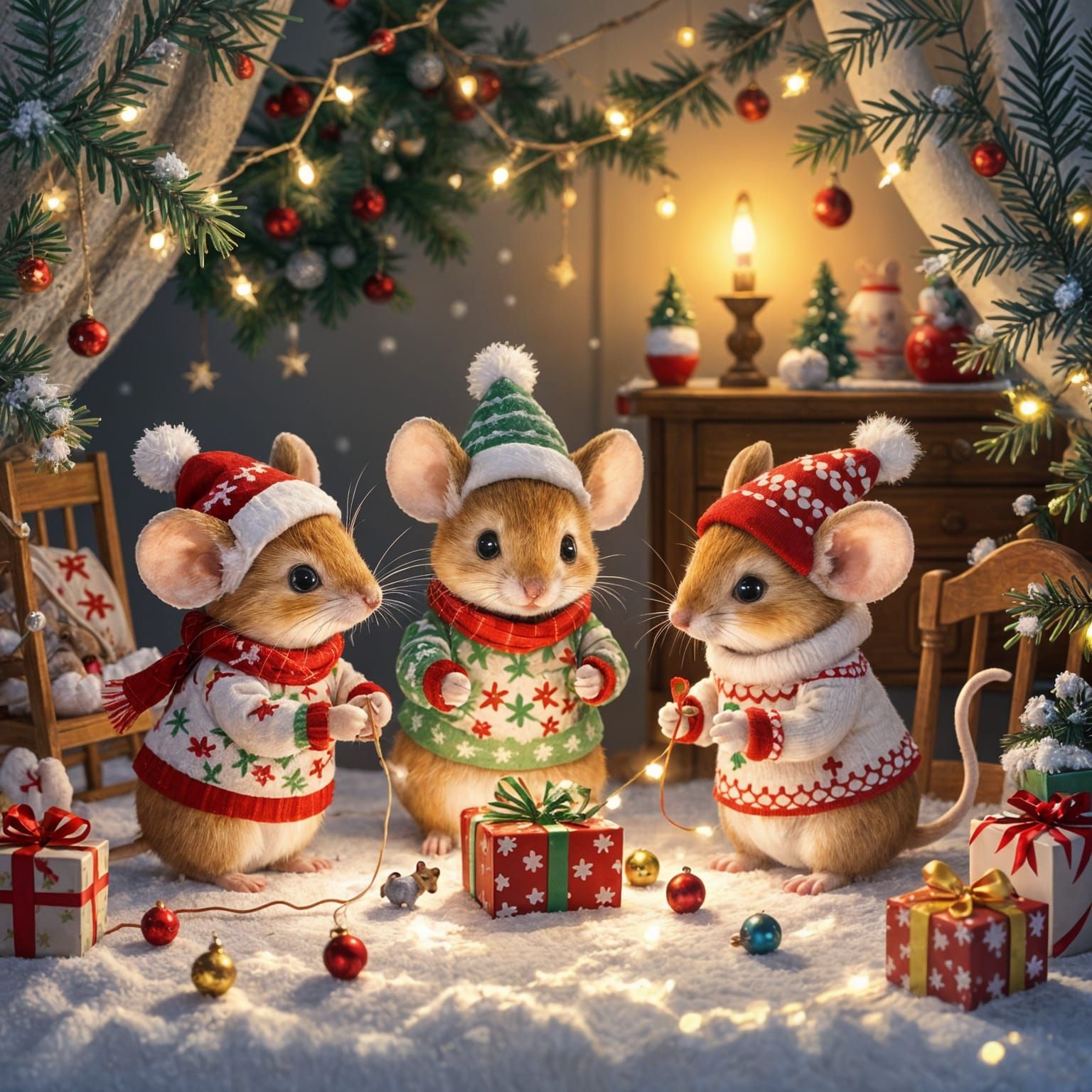 Adorable Mouse Family Decorating for Christmas