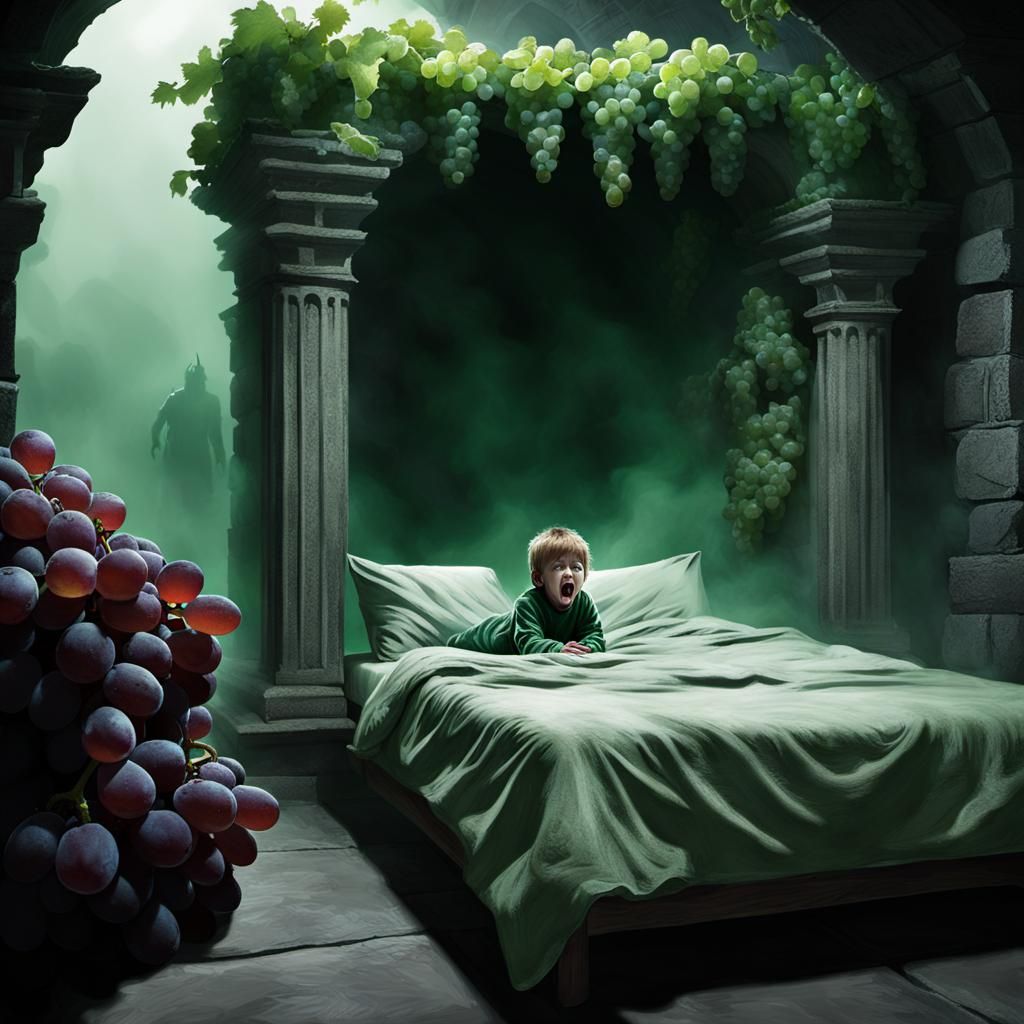 Ethereal Demon Offers Grapes in Dungeon Horror Scene