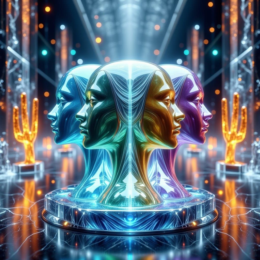 Glass Sculpture of Four Heads on Cloud Base in Infinite Gall...