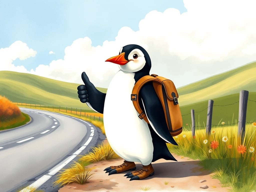 Penguin Adventurer Stands Beside Rolling Hills in Whimsical ...