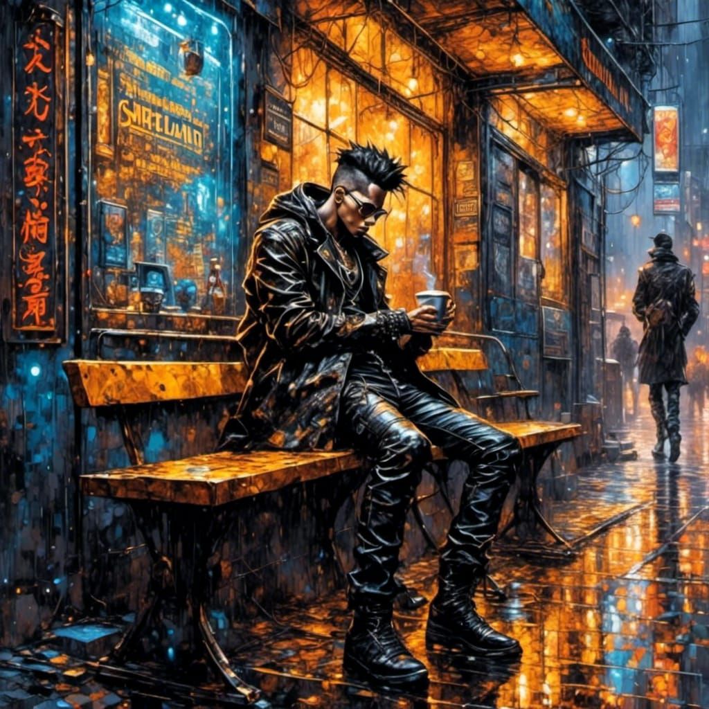 Cyberpunk Punk with Coffee in Rainy Alley