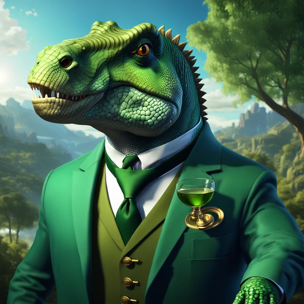Iguanodon in Green Suit with Wine