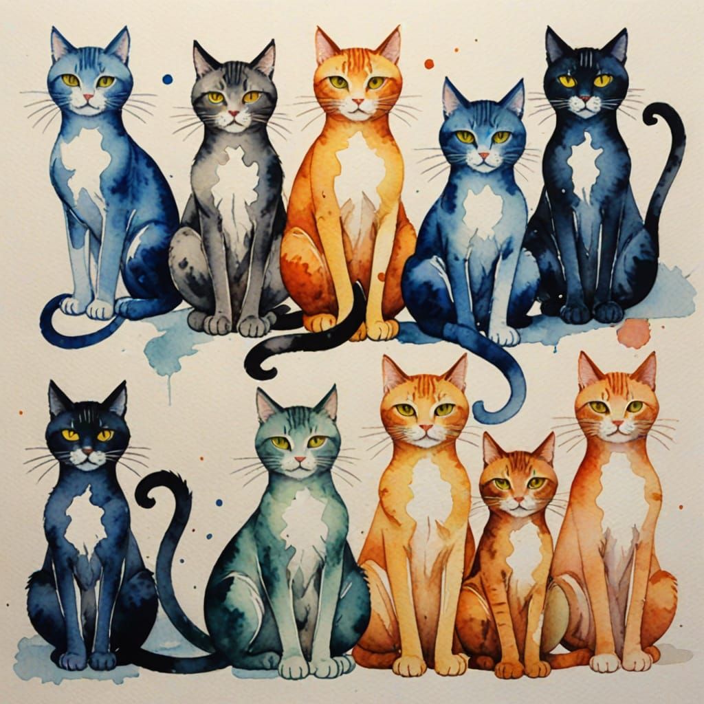 Infinity Sign with Eight Cats in Watercolour Style