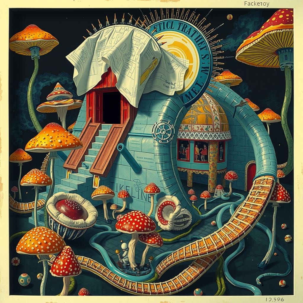 Surreal Hyperreal Scene Blending Brutalist Cabin and Retro-F...