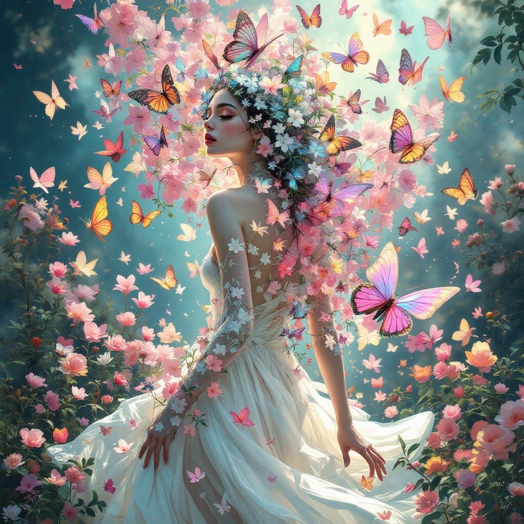 Surreal Goddess Transforms into Whimsical Butterfly Swarm