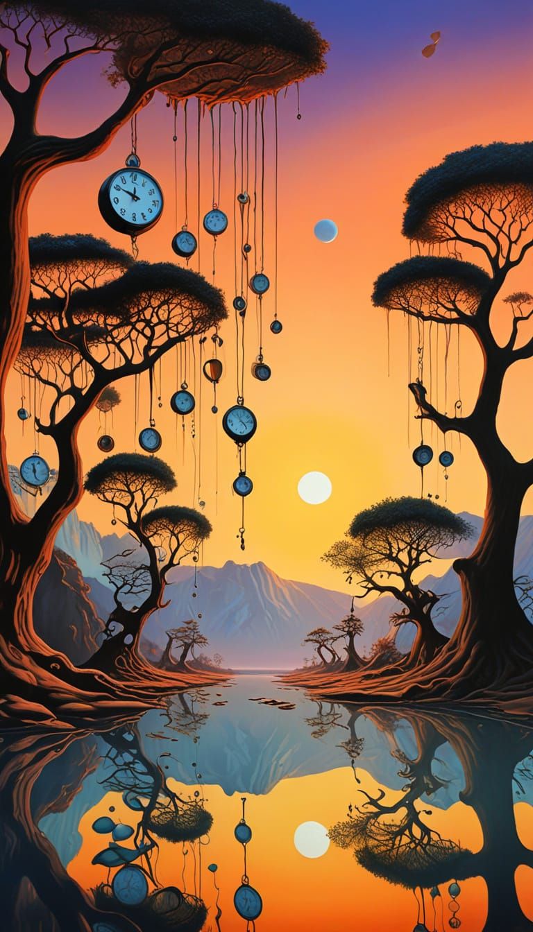 Dreamlike Landscape with Melting Clocks, Surreal Art