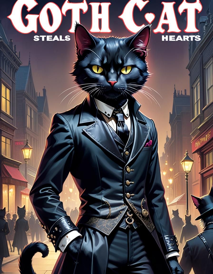 Goth Cat Steals Hearts: Retro Magazine Cover