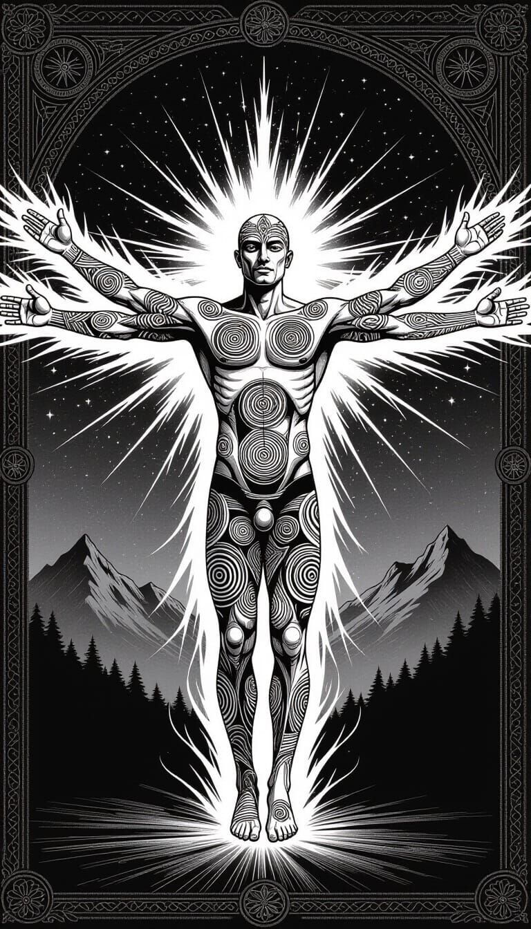 Mystical Figure in Vitruvian Pose with Cosmic Aura