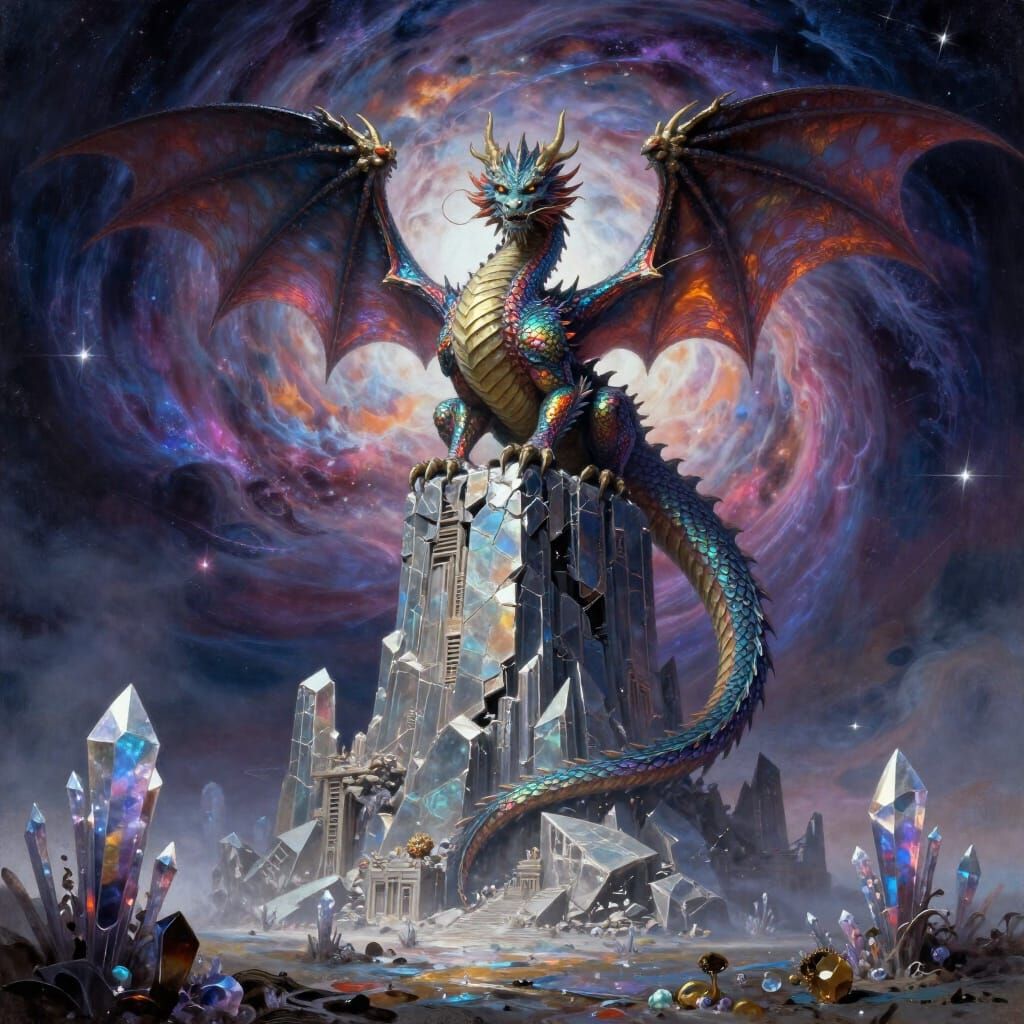 Ancient Dragon on Obsidian Tower Above Nebula, Epic Fantasy ...