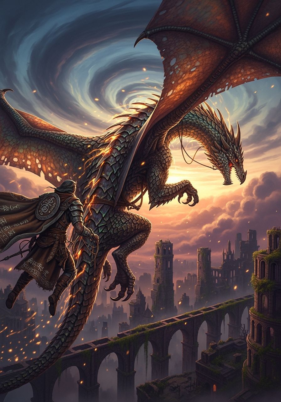 Dragon Rider Soaring Over City Ruins