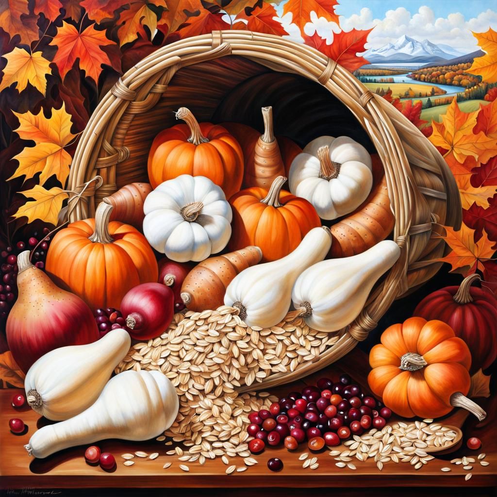 Autumn Harvest Cornucopia in Gouache and Watercolor