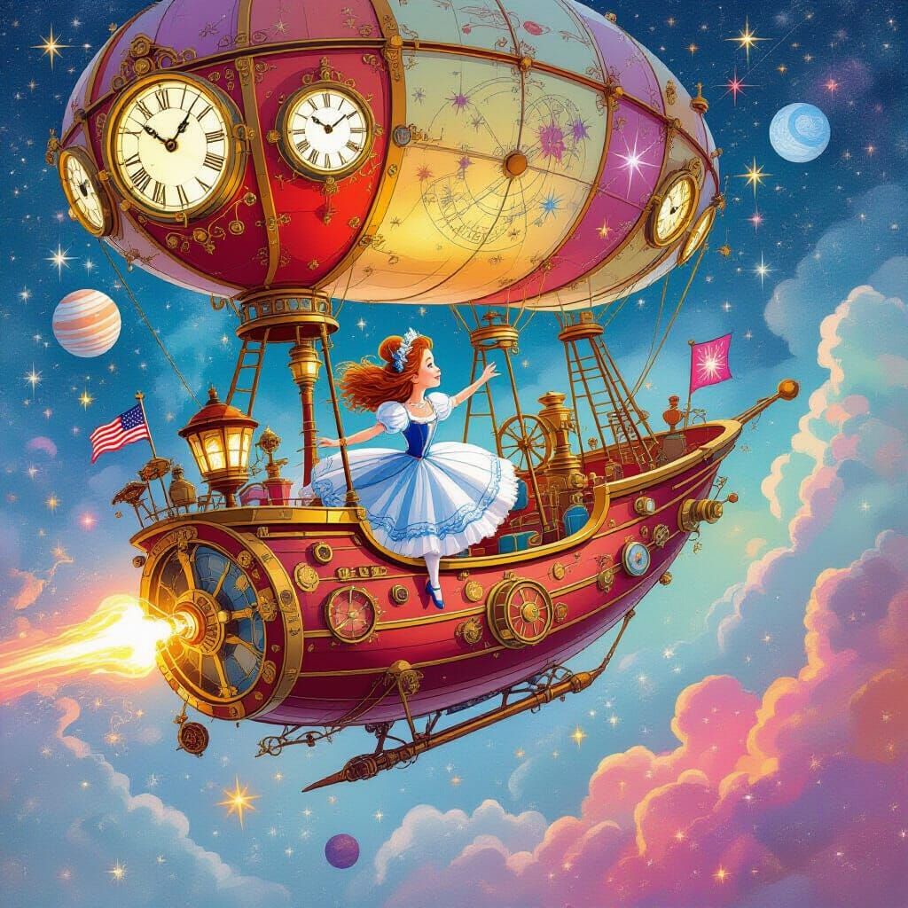 Clara on Steampunk Airship in Colorful Nebula