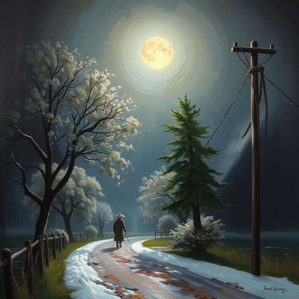 Silver Moonlit Fruit Trees: Oil Painting