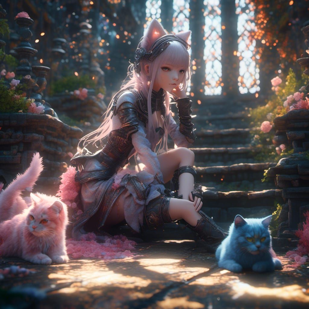 Fantasy Catgirl Kneeling: Detailed Matte Painting