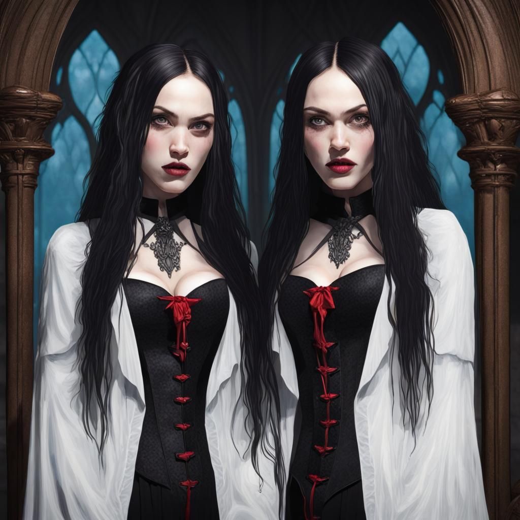 Gothic Vampire Women Kissing: Neo-Impressionist Portrait