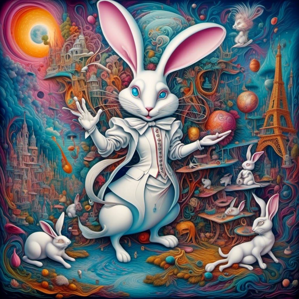 <lora:Trio:1.0> Surreal magical world of Alice ,the white ra...