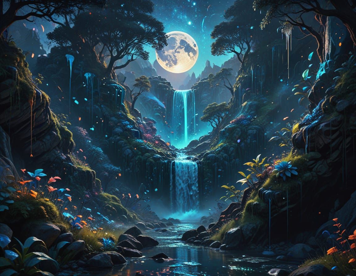 Cosmic Waterfall Oasis in a Serene Blue Night Sky