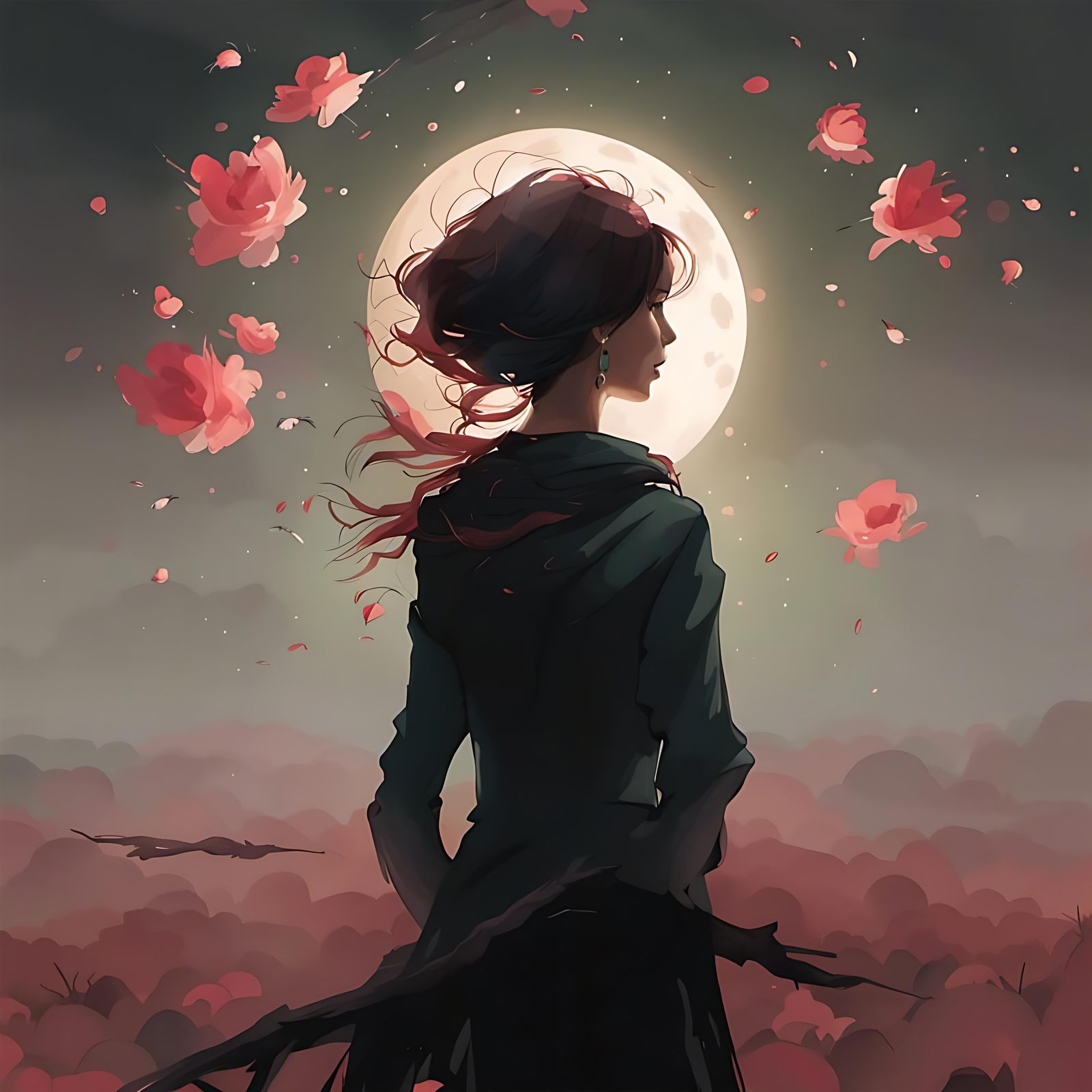 Blood Moon Over Rose Garden: Fantasy Digital Art