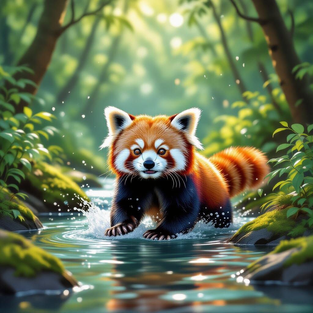 Red Panda Splashes Joyfully in Rainforest Stream