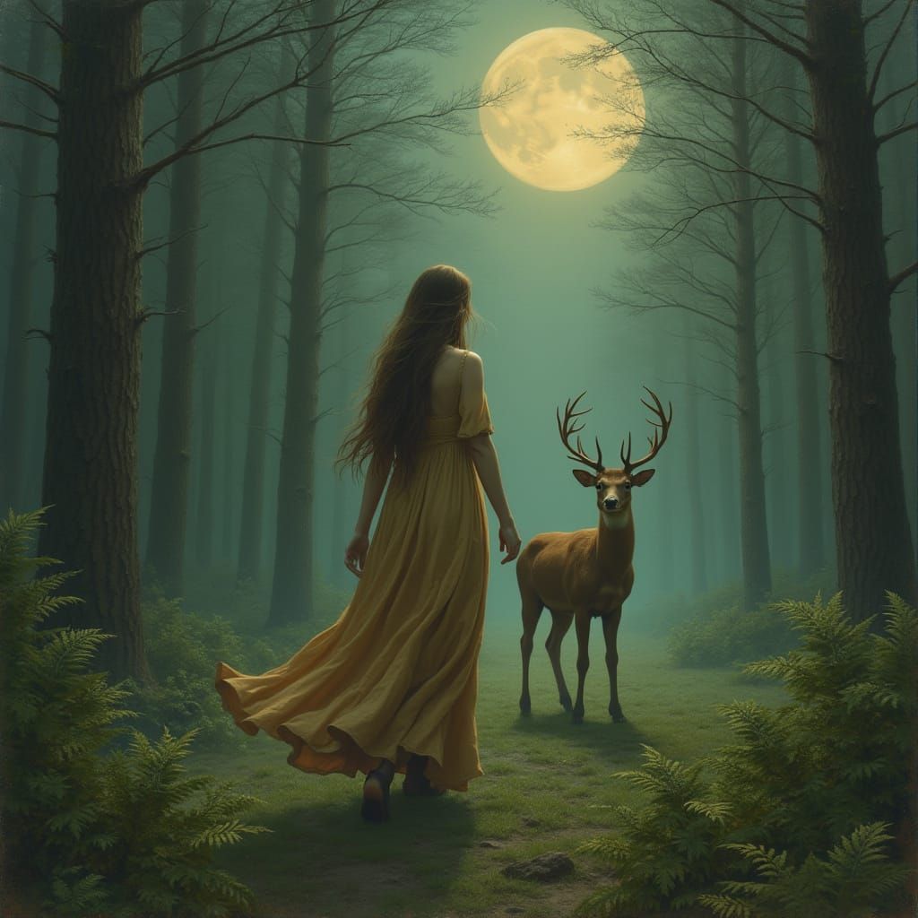 Deer Transformation in Moonlit Forest: Pre-Raphaelite Style