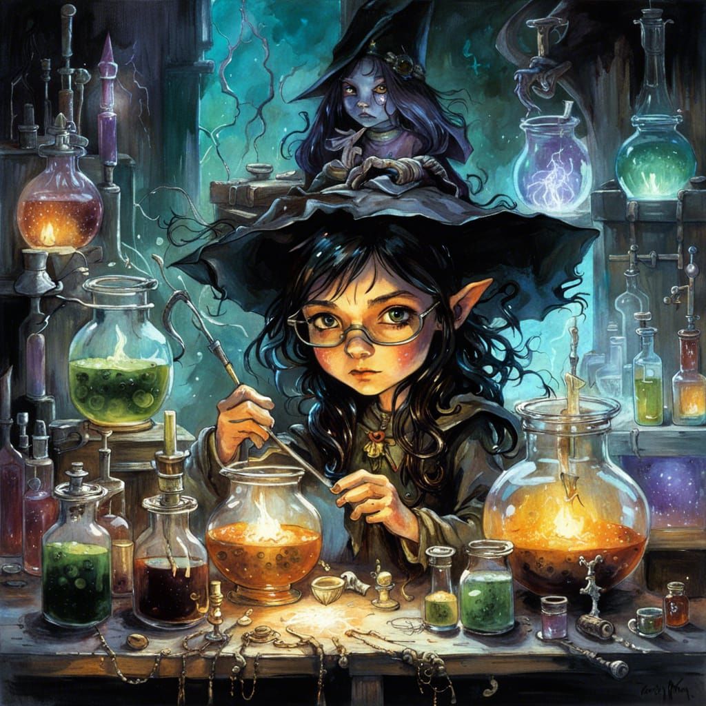 Chibi Witch Brewing Potions in Dark Fantasy Lab